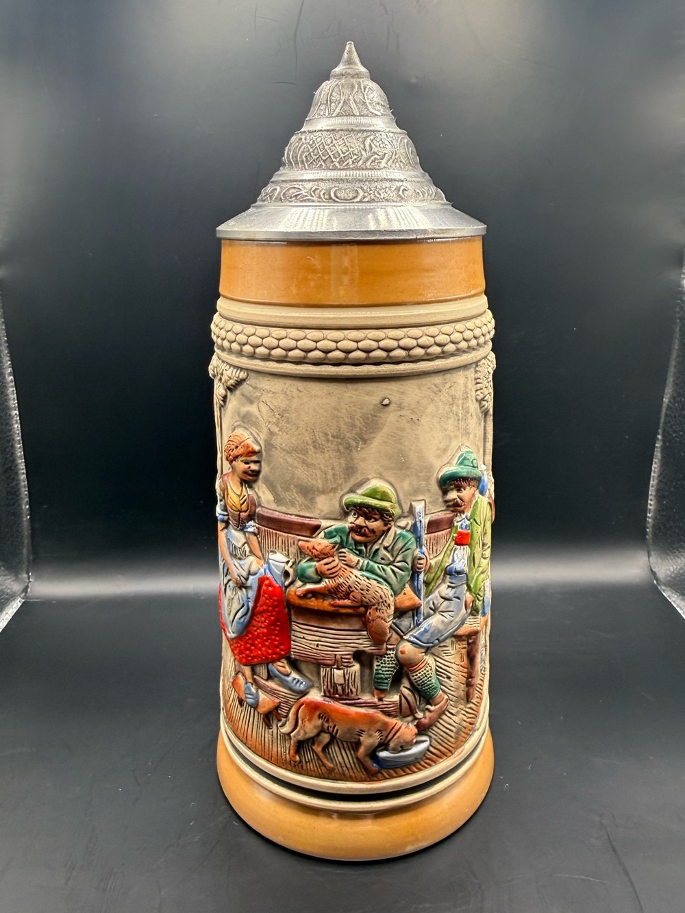 Vintage German-Style Lidded Beer Stein Mug | Pewter Lid Relief Tavern Scene